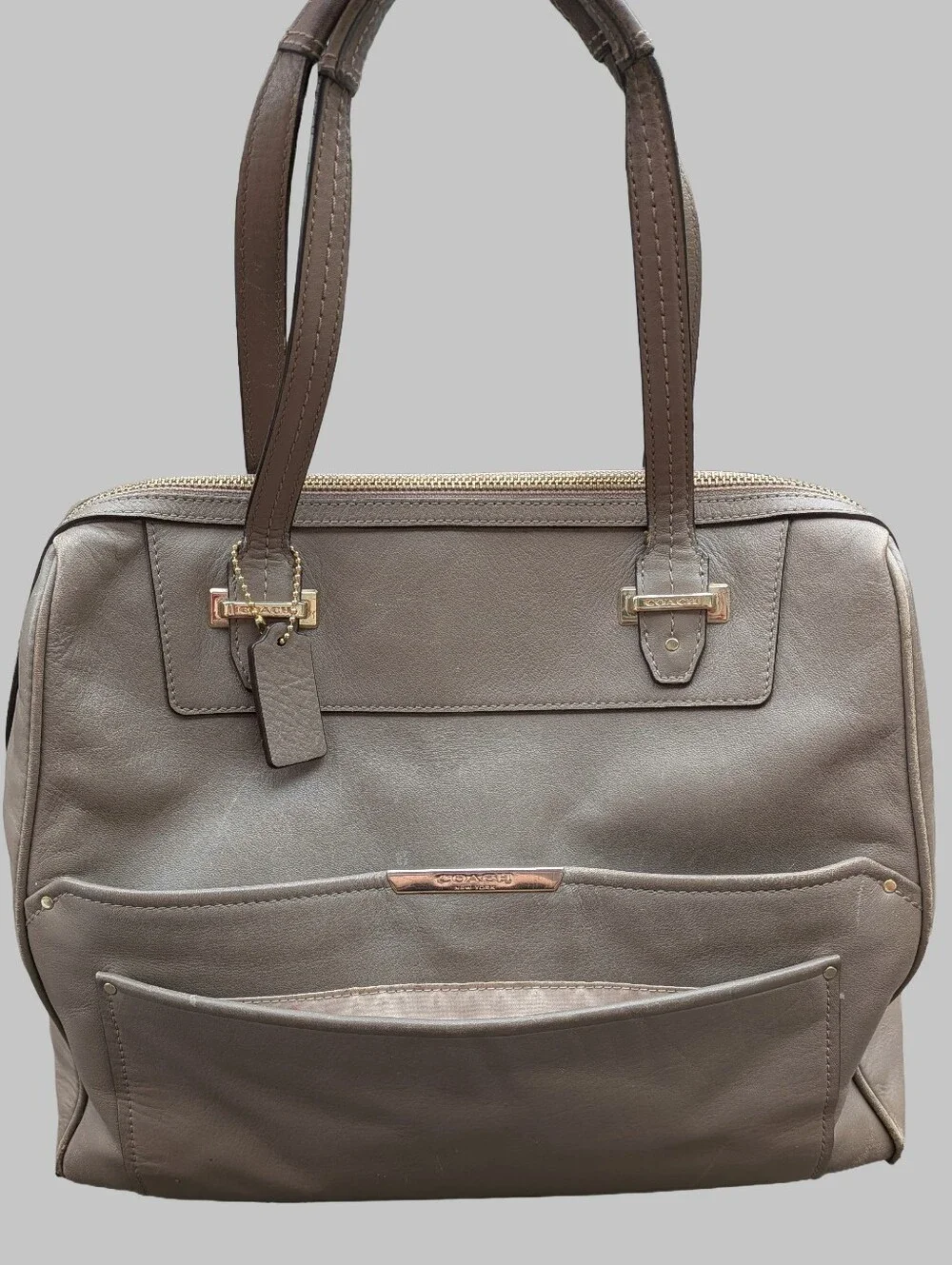 Coach Taupe Leather Tote with Front Pocket and Silver-Tone Accents